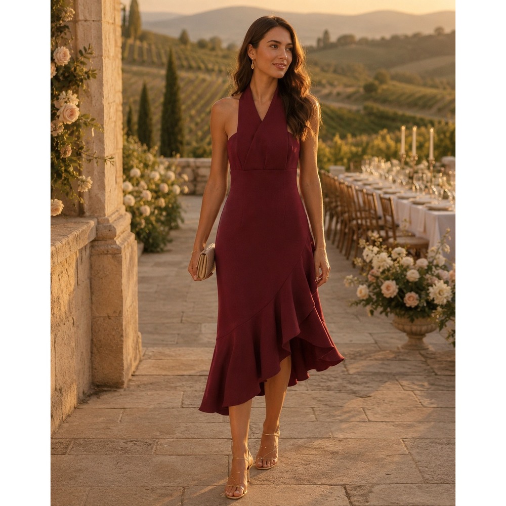 Keepsake Burgundy Halter Midi Dress Open Back Ruffle Cocktail Wedding Guest 6